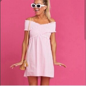 Show Me Your Mumu x Barbie off shoulder mini dress